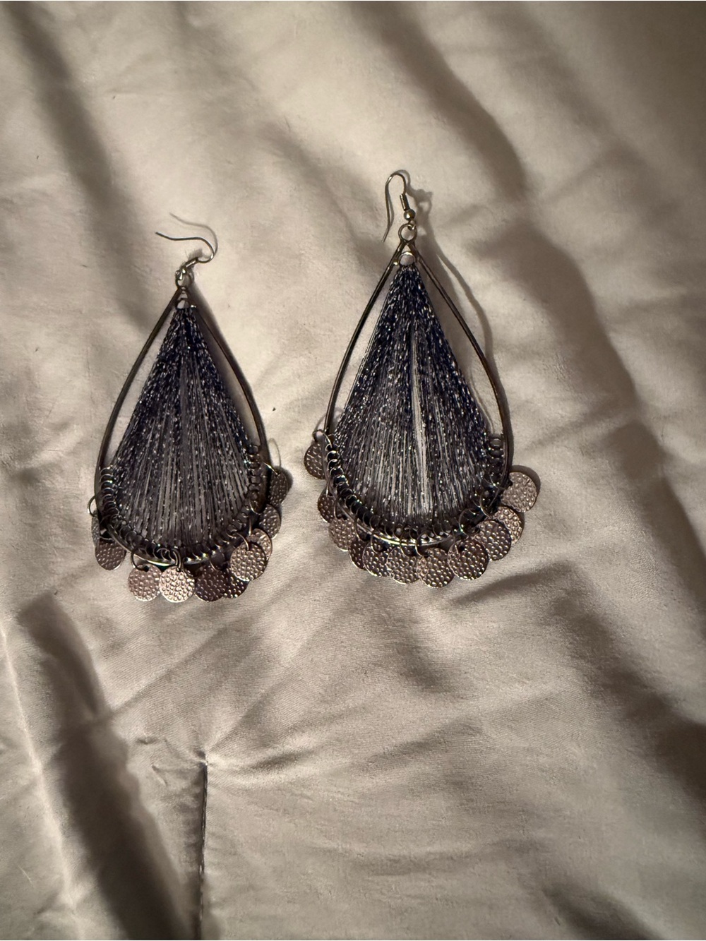 Metallic Gray Thread Teardrop Dangle Earrings